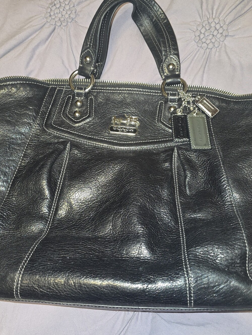 Coach Black Leather Satchel / Tote Bag – Purple Interior